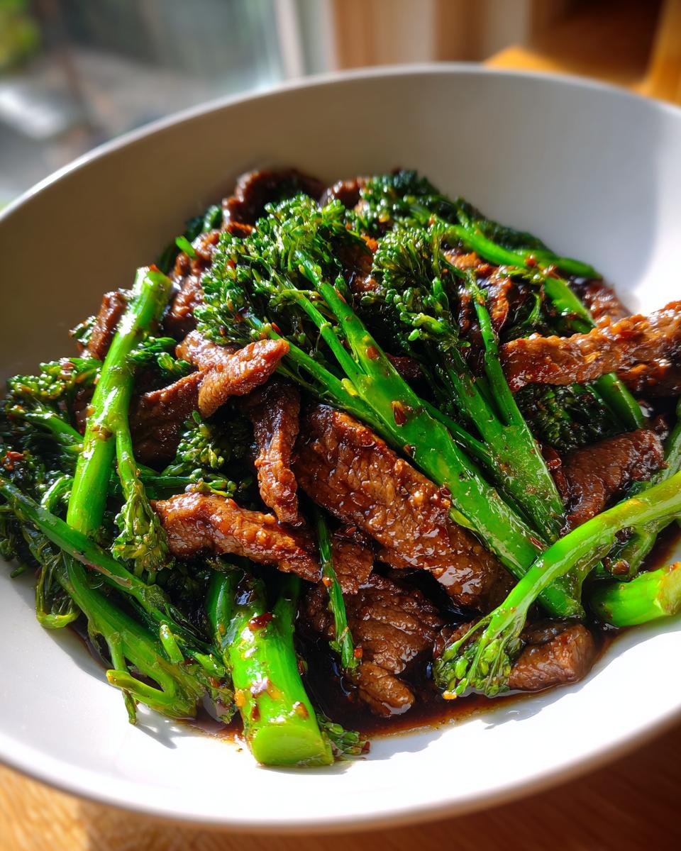 A close-up of a white bowl filled with tender slices of beef and vibrant green broccoli florets in a glossy sauce, showcasing the Beef and Broccoli.