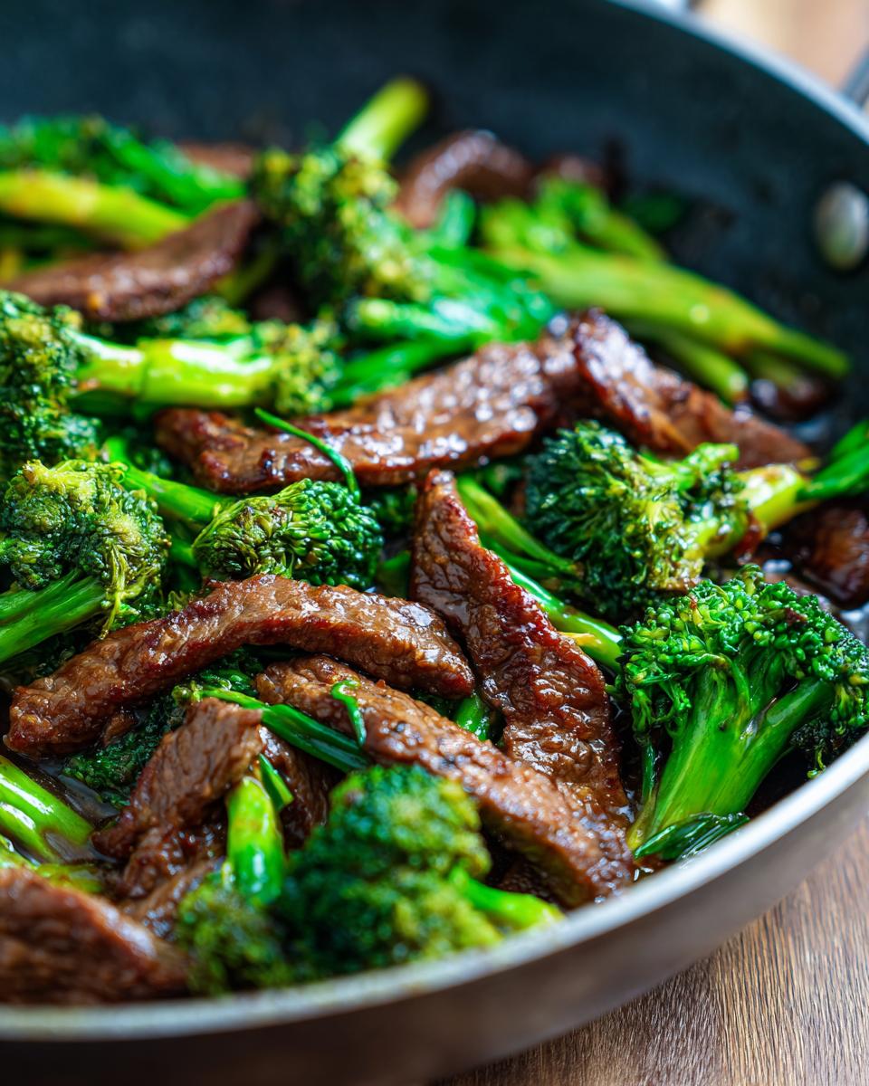 Close-up of tender beef strips and vibrant broccoli florets stir-fried together in a pan.