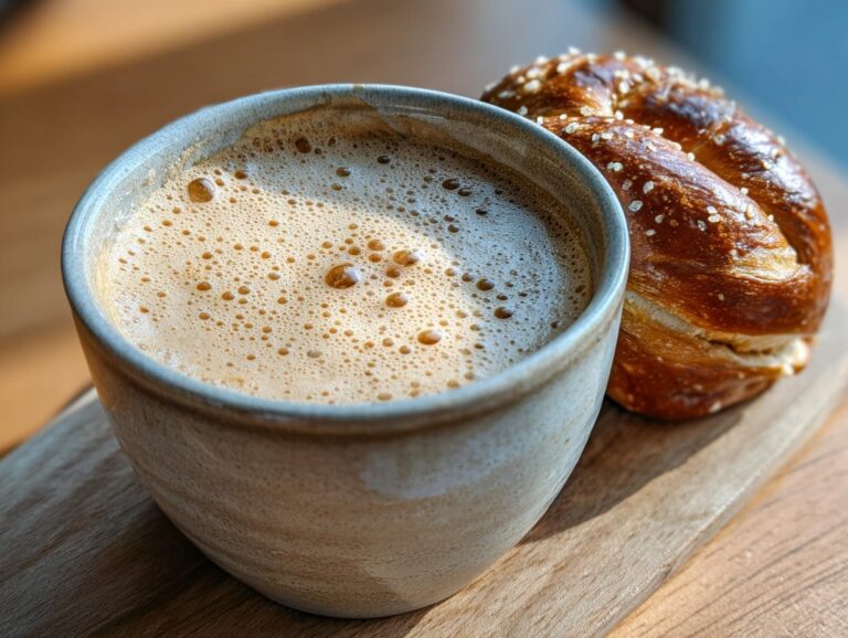 A frothy cup of coffee next to a pretzel, perfect for dipping into Beer Cheese Dip.