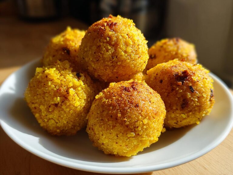 Close-up of golden-brown Besan ladoo balls stacked on a white plate, ready to be enjoyed.