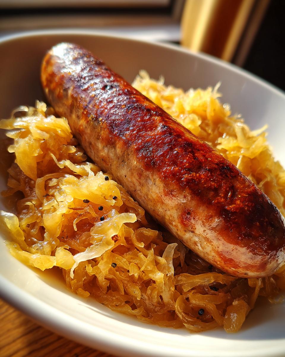 A close-up shot of a perfectly browned bratwurst sausage served on a bed of golden sauerkraut.