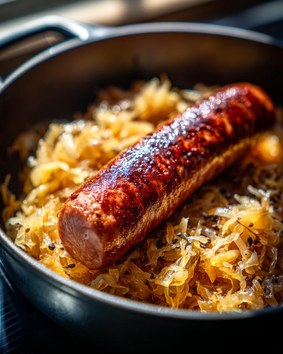 A close-up of a juicy bratwurst sausage nestled in a bed of golden sauerkraut in a cast-iron pan.