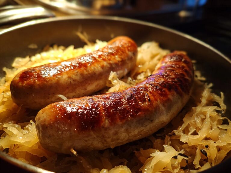 Close-up of two browned bratwurst sausages nestled in a bed of sauerkraut in a pan.