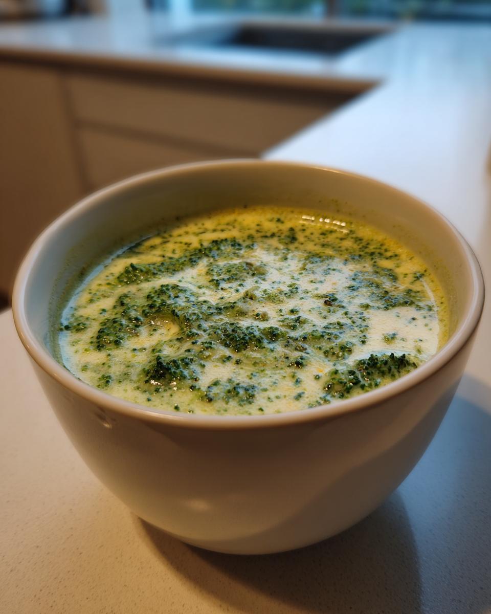 A bowl of homemade Broccoli Cheddar Soup, creamy and full of broccoli florets.