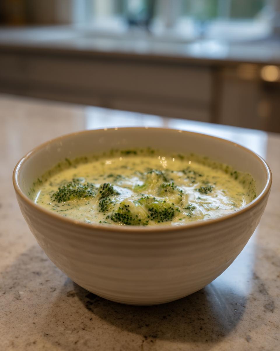 A bowl of homemade Broccoli Cheddar Soup, featuring tender broccoli florets in a creamy, cheesy broth.