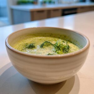 A bowl of homemade Broccoli Cheddar Soup, featuring visible broccoli florets and a creamy texture.