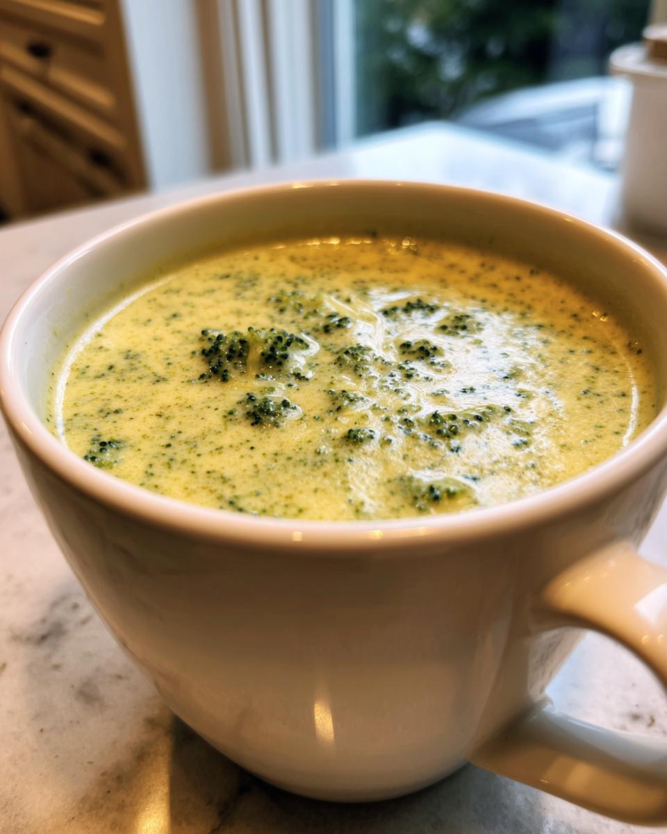 Close up of a mug filled with creamy Broccoli Cheddar Soup, showing the texture and broccoli pieces.