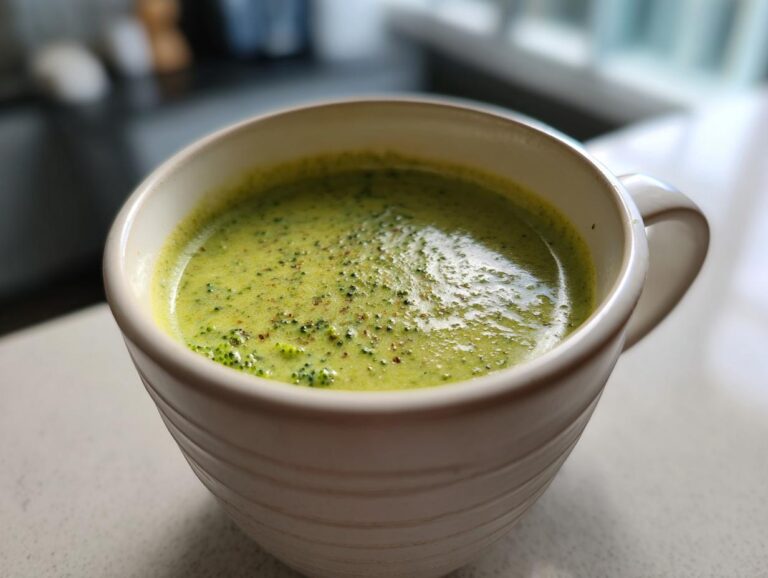 A mug filled with homemade Broccoli Cheddar Soup, showcasing its creamy texture and vibrant green color.