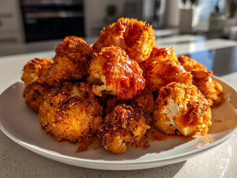 A plate piled high with crispy, golden Buffalo Cauliflower Bites, coated in a tangy sauce.