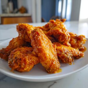 A plate piled high with glossy, saucy Buffalo wings, ready to be enjoyed.