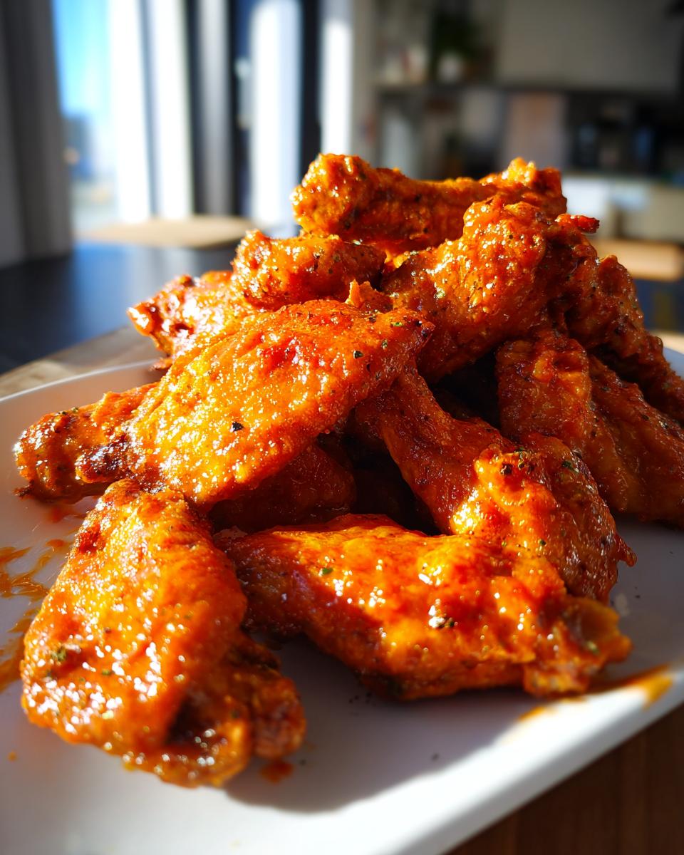 A close-up of a pile of glistening, saucy Buffalo wings on a white plate, ready for game day.