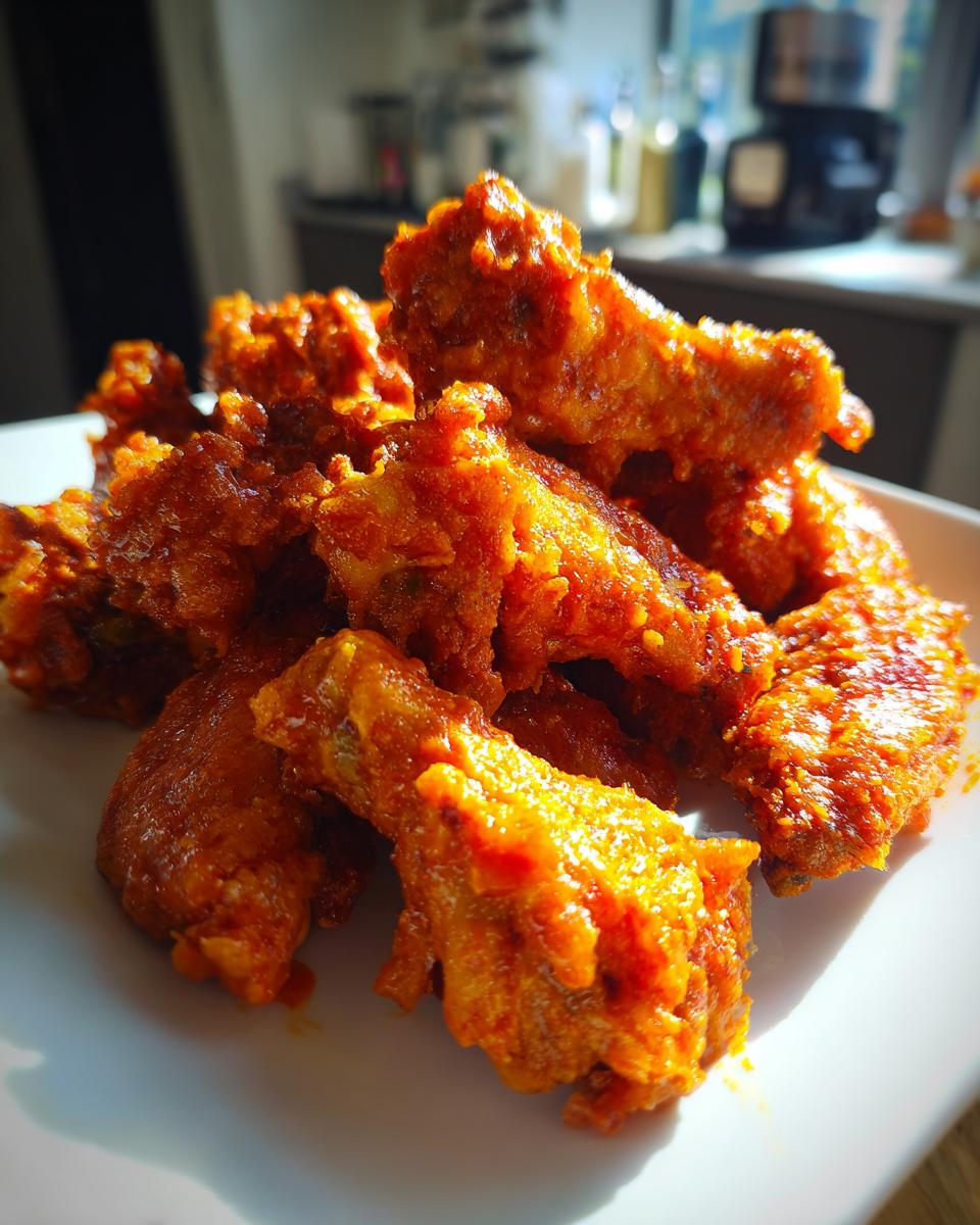 A close-up, mouthwatering shot of a pile of crispy Buffalo wings coated in a vibrant orange sauce.