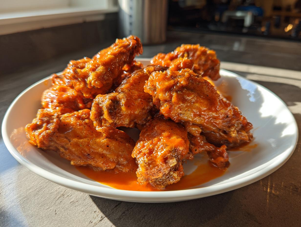 A white plate piled high with glistening, saucy Buffalo wings, ready for game day.