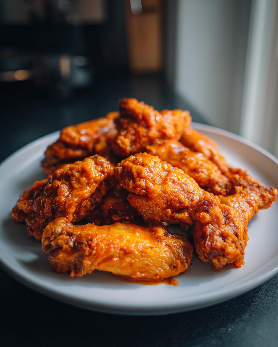 A close-up shot of a pile of delicious, crispy Buffalo wings coated in a vibrant orange sauce on a white plate.
