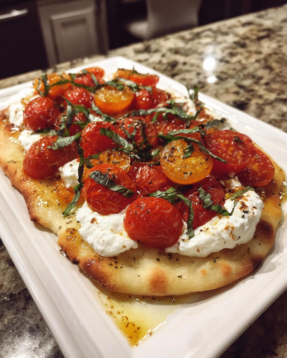 A fresh burrata caprese flatbread with tomatoes, basil, and creamy burrata cheese.