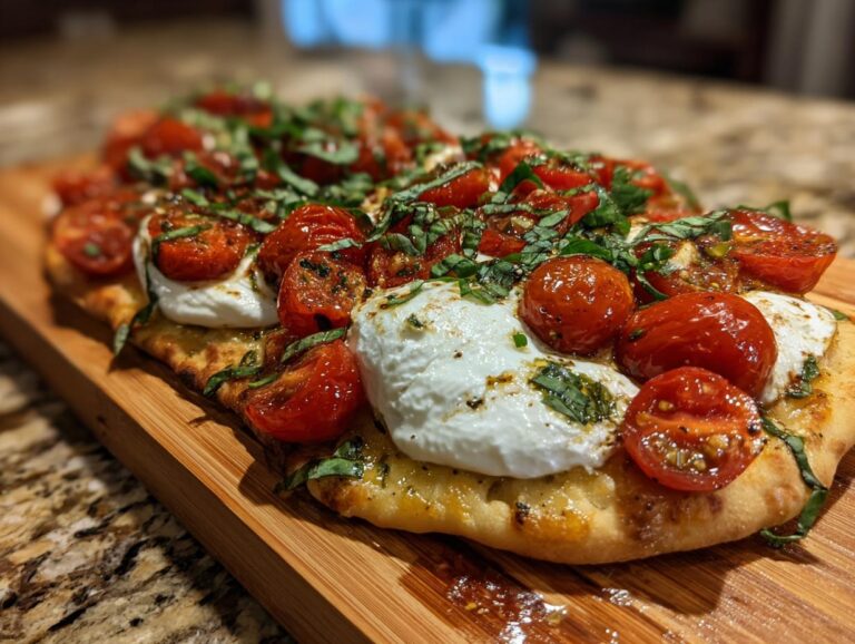 Close-up of a Burrata caprese flatbread featuring fresh burrata, roasted tomatoes, and basil on a wooden board.