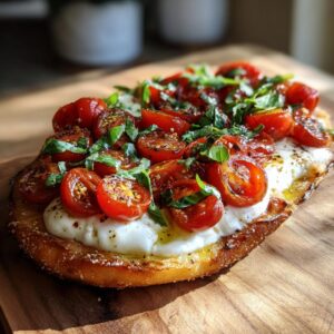 Close-up of a Burrata caprese flatbread topped with fresh tomatoes, basil, and creamy burrata cheese.