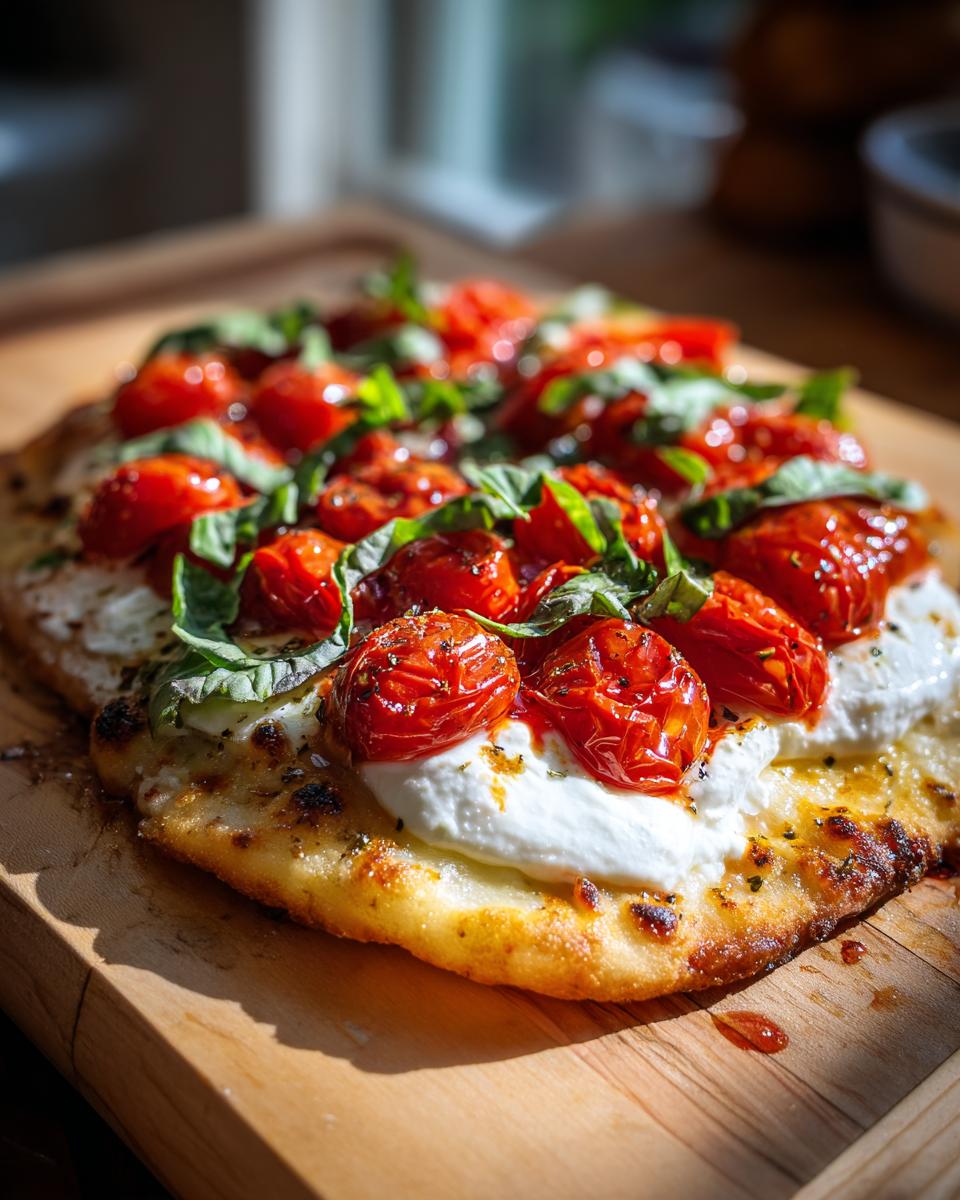 Close-up of a Burrata caprese flatbread, topped with fresh tomatoes, basil, and creamy burrata cheese.