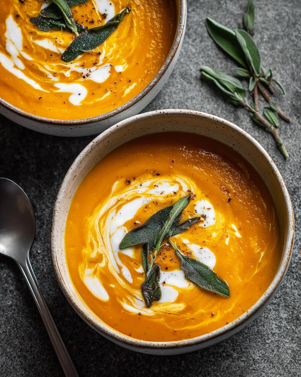 Two bowls of butternut squash soup, swirled with cream and garnished with sage leaves.