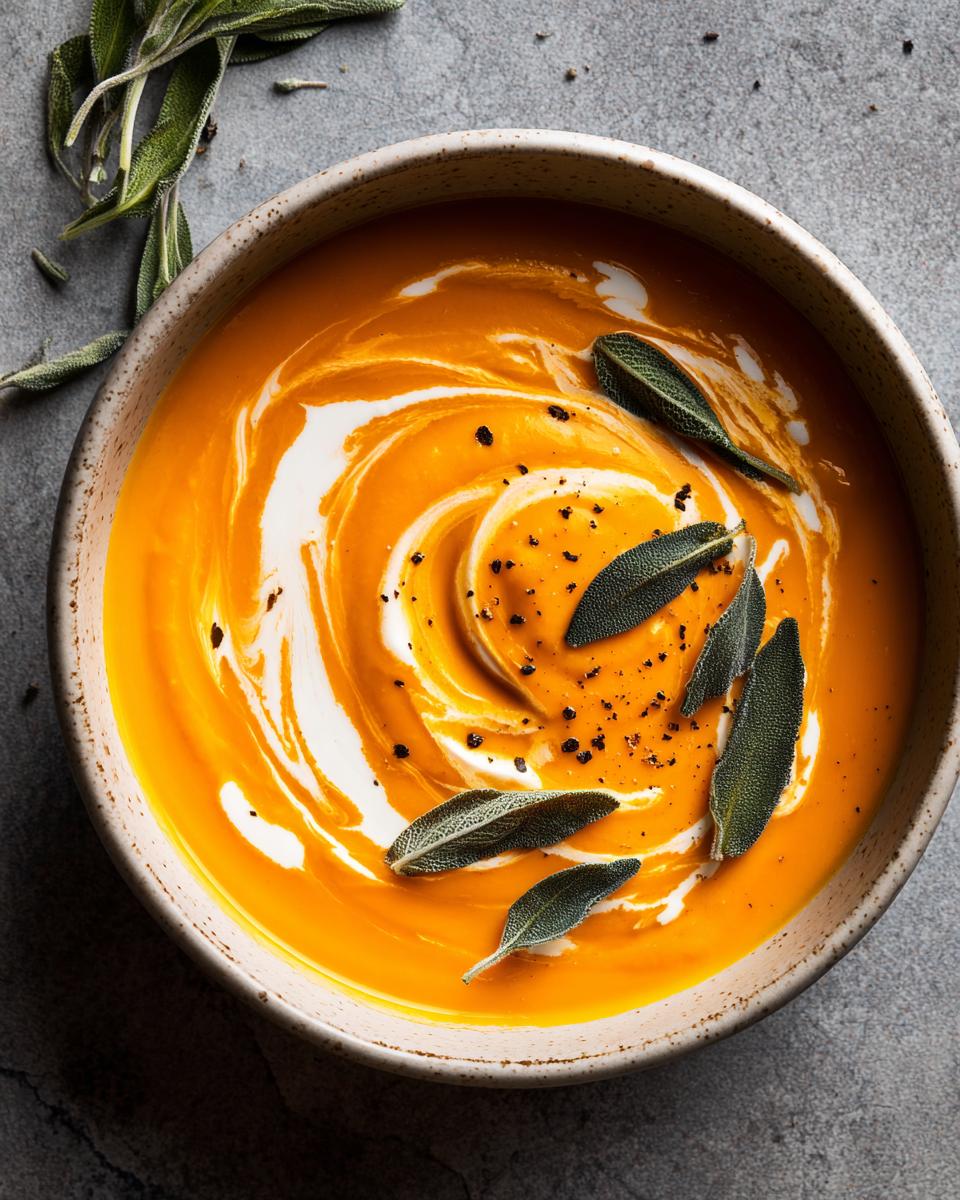 Overhead view of butternut squash soup in a bowl, garnished with cream, sage leaves, and black pepper.