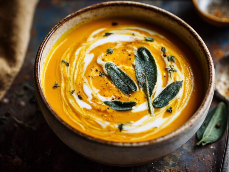 A bowl of butternut squash soup, swirled with cream and garnished with fresh sage and herbs.