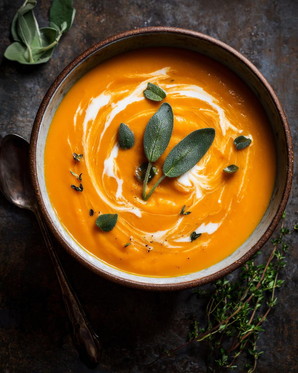 Overhead view of butternut squash soup in a bowl, garnished with cream, sage, and thyme.
