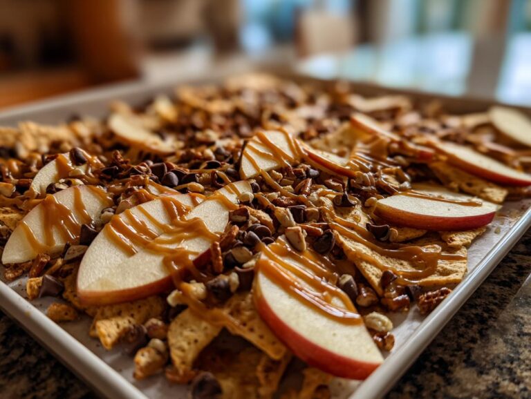 Sheet pan of caramel apple nachos with apple slices, caramel drizzle, chocolate chips, and nuts.