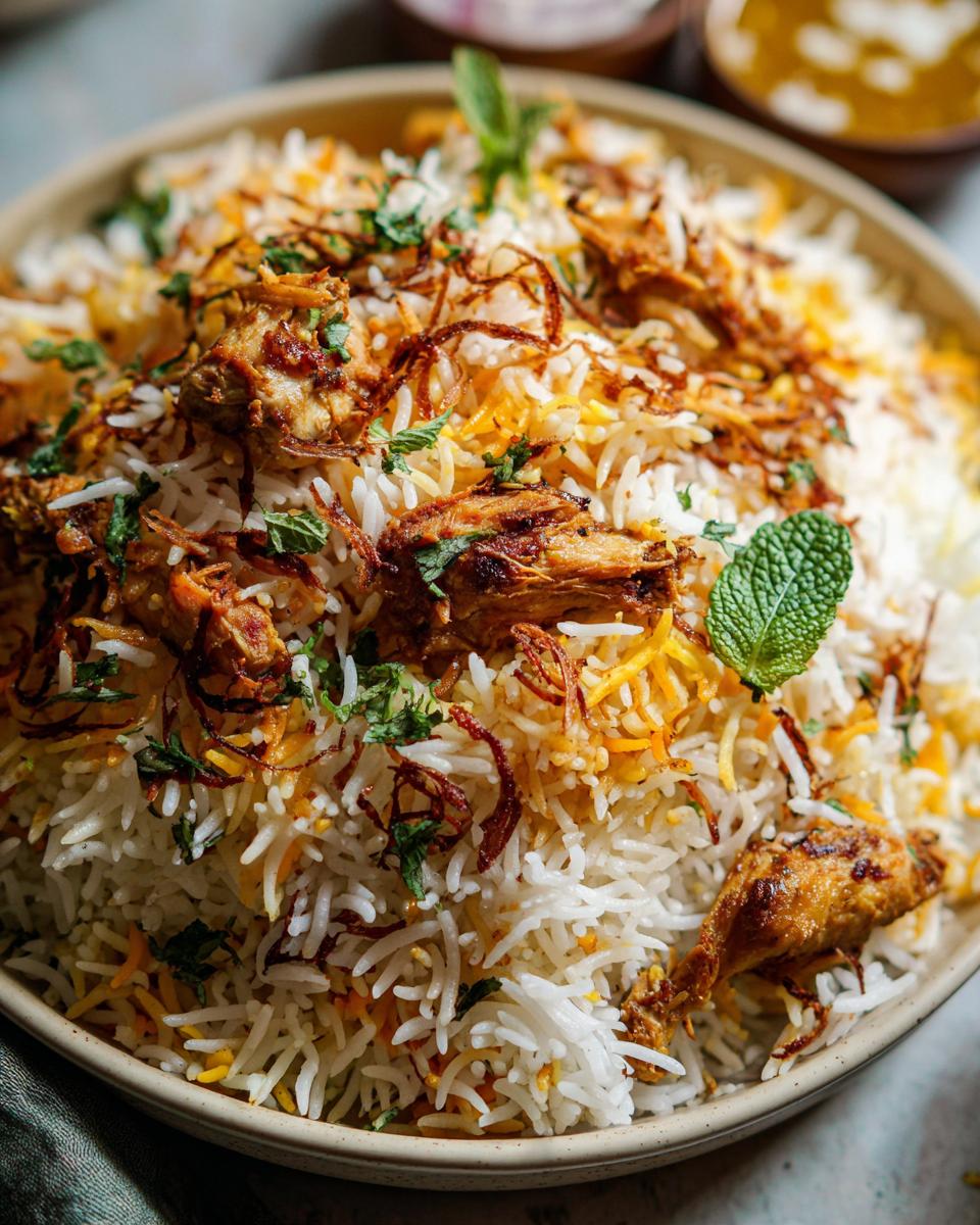 A close-up of a large bowl of flavorful Chicken Biryani, topped with crispy fried onions and fresh mint leaves.