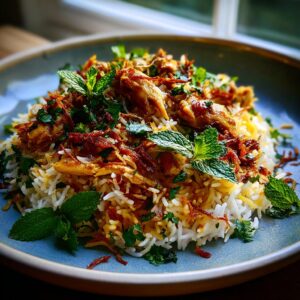 A close-up of a plate of flavorful Chicken Biryani, garnished with fresh mint leaves and crispy fried onions.