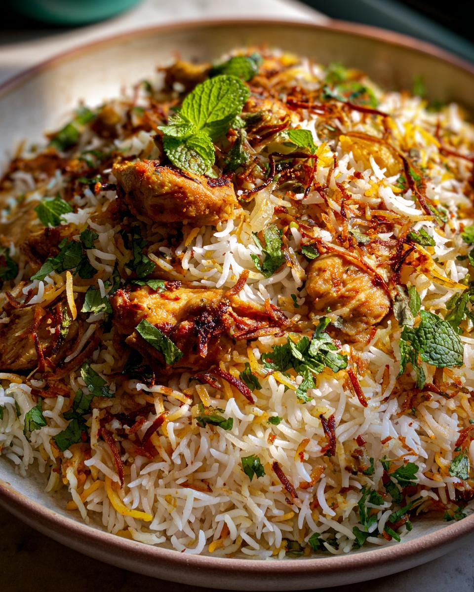 A close-up shot of a bowl of fragrant Chicken Biryani, layered with rice, tender chicken pieces, fried onions, and fresh mint leaves.