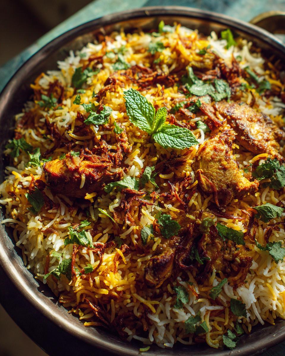Close-up of a large serving bowl filled with aromatic Chicken Biryani, garnished with fresh mint leaves and fried onions.
