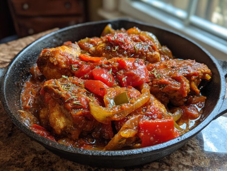 A close-up of tender chicken pieces simmered in a rich tomato sauce with peppers and onions, showcasing a rustic Chicken Cacciatore.