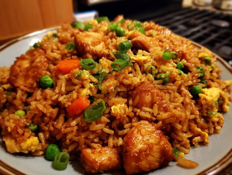 A close-up shot of a plate piled high with flavorful Chicken Fried Rice, featuring tender chicken pieces, peas, carrots, and scrambled egg.