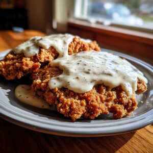 Close-up of two golden-brown chicken fried steaks generously topped with creamy white gravy.