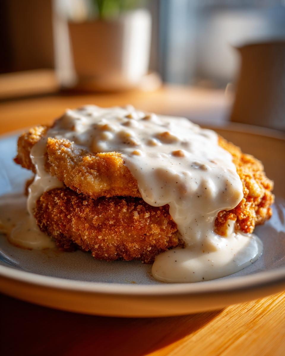Close-up of two pieces of golden-brown Chicken Fried Steak stacked and smothered in creamy white gravy.