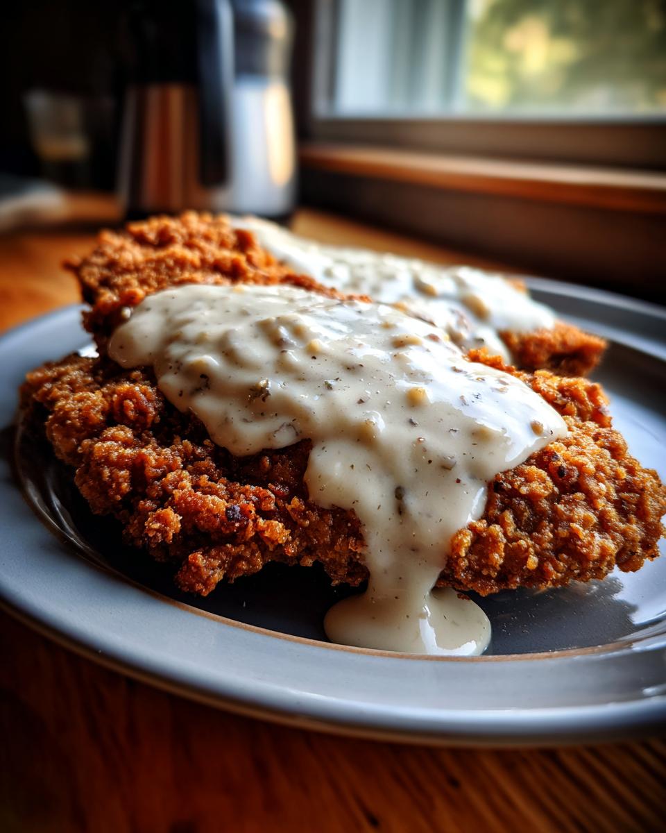 Close-up of two pieces of crispy Chicken Fried Steak smothered in creamy white gravy.