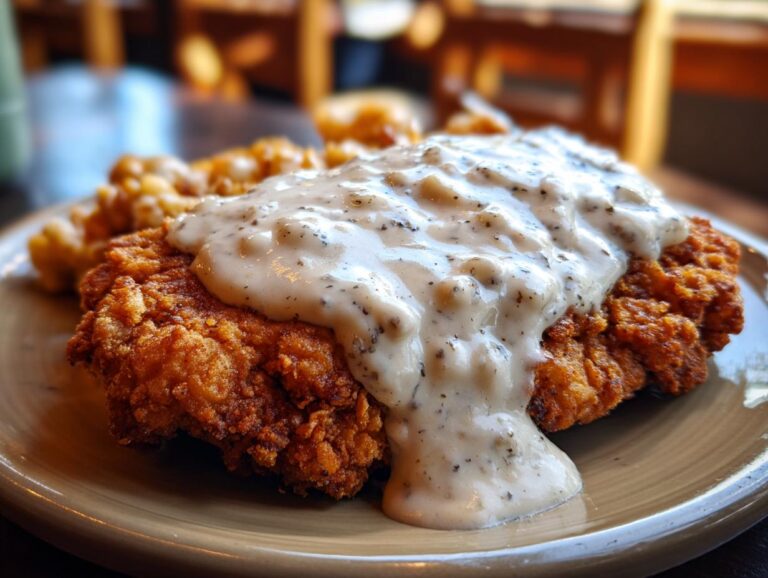 A close-up of a golden-brown chicken fried steak generously topped with creamy white gravy.