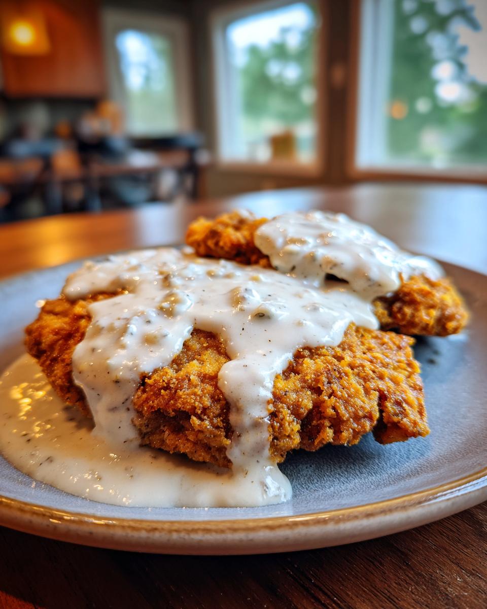 Close-up of two pieces of golden-brown chicken fried steak smothered in creamy white gravy.
