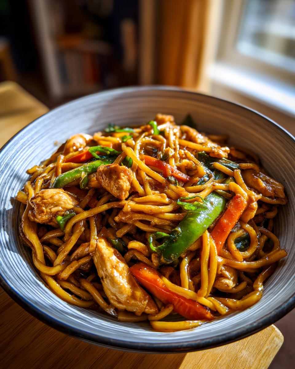 A close-up of a bowl of Chicken Lo Mein, featuring noodles, chicken pieces, snap peas, and carrots in a savory sauce.
