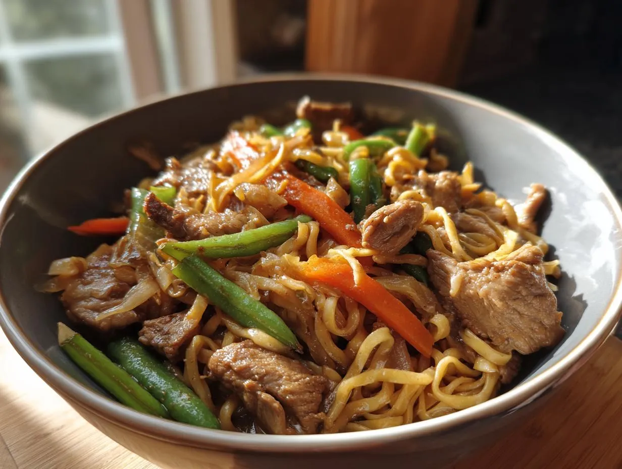 A close-up of a bowl filled with savory Chicken Lo Mein, featuring tender chicken, noodles, carrots, and green beans.