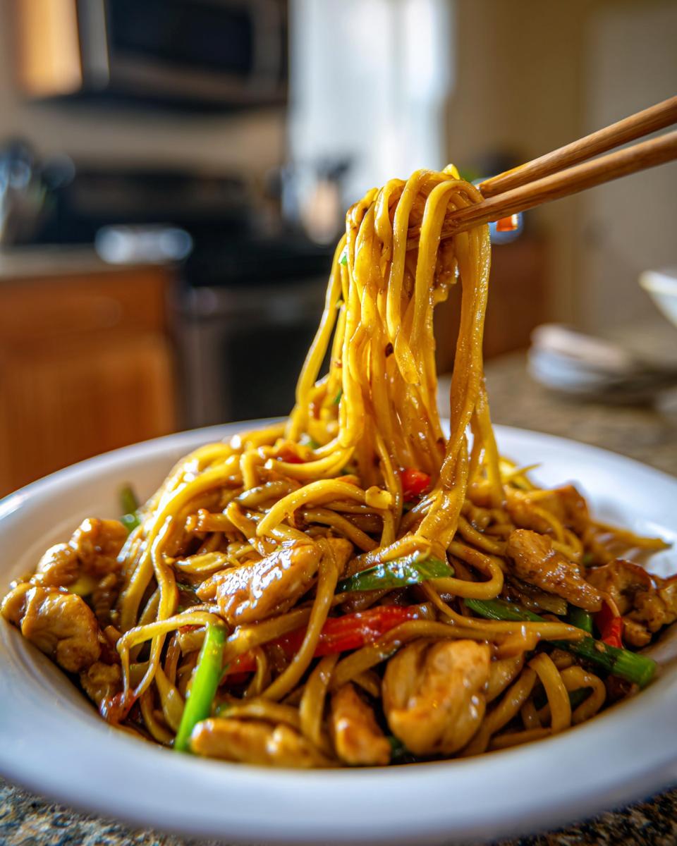 Close-up of chopsticks lifting a generous portion of Chicken Lo Mein noodles with tender chicken pieces and vegetables.