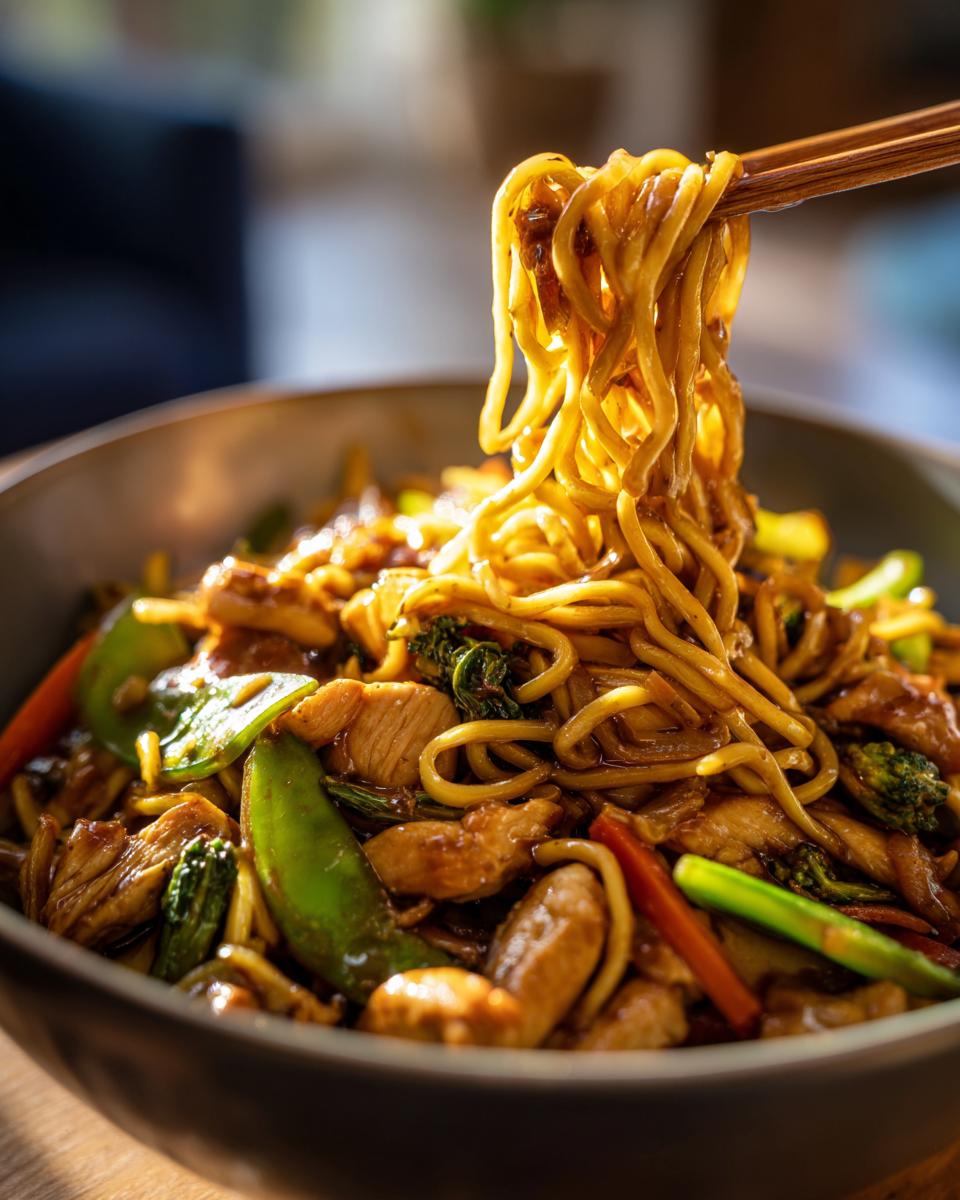 Close-up of chopsticks lifting noodles from a bowl of Chicken Lo Mein with chicken, broccoli, and snap peas.