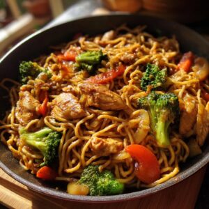 A close-up overhead view of a skillet filled with savory Chicken Lo Mein, featuring noodles, chicken pieces, broccoli, and red peppers.