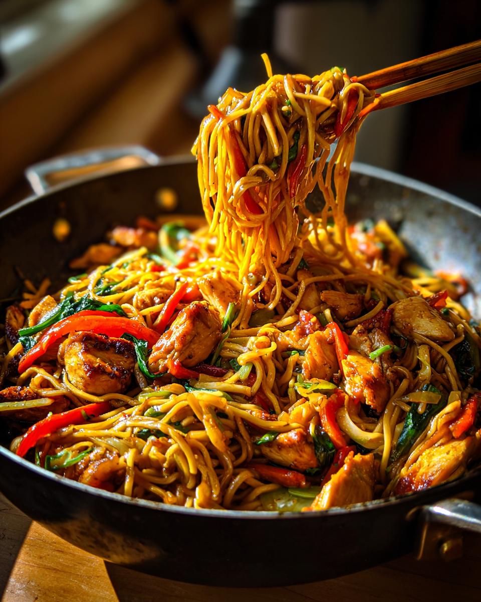 Close-up of a wok filled with Chicken Lo Mein, featuring noodles, chicken pieces, and colorful vegetables.