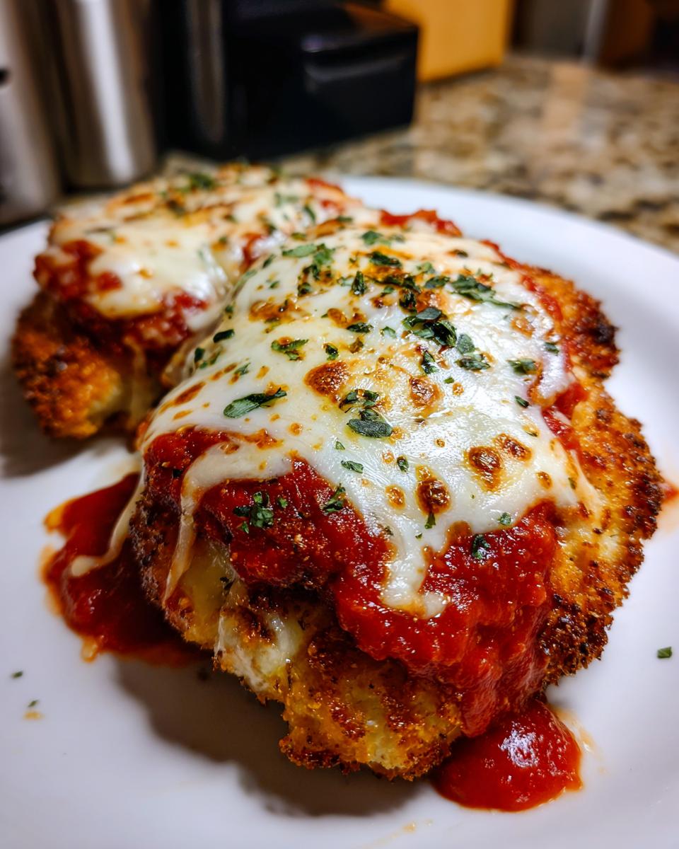 Two pieces of Chicken Parmesan on a white plate, topped with tomato sauce, melted cheese, and parsley.