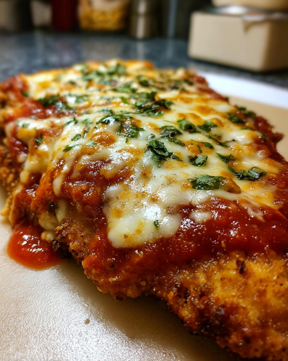 Close-up of Chicken Parmesan topped with tomato sauce, melted mozzarella, and fresh herbs.