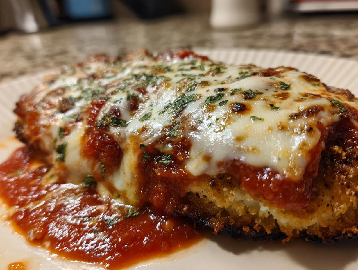 Close-up of Chicken Parmesan topped with tomato sauce, melted mozzarella, and fresh herbs.