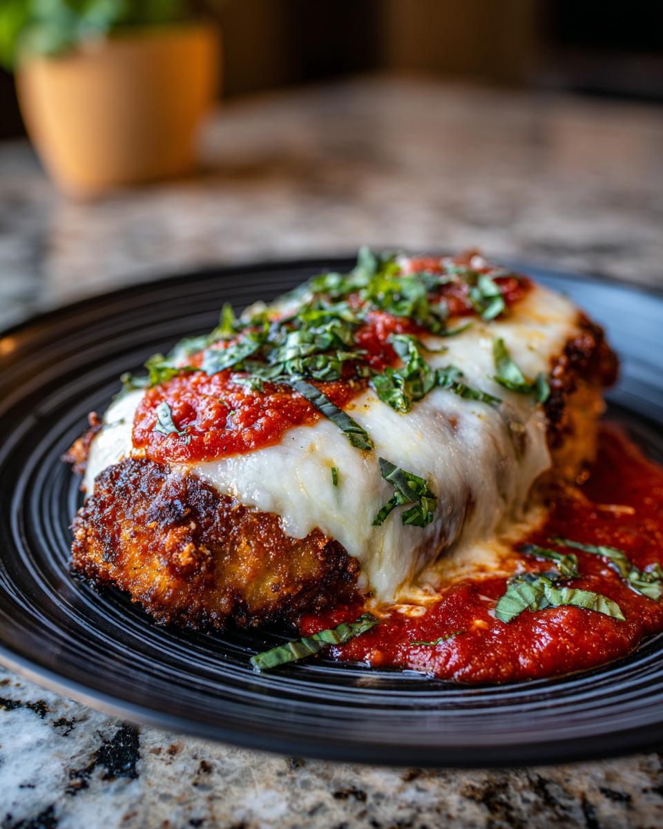 A serving of Chicken Parmesan on a black plate, topped with melted cheese, tomato sauce, and fresh basil.