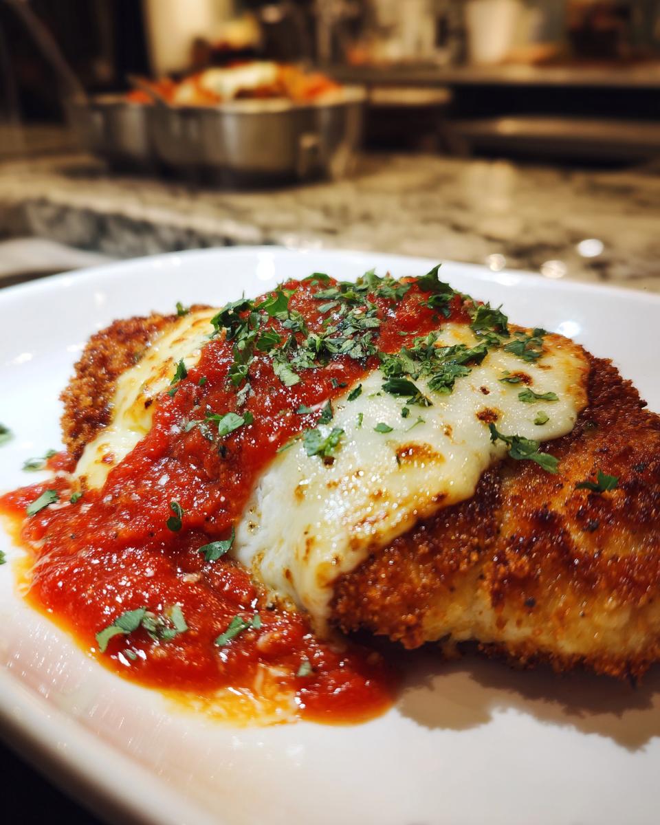A serving of Chicken Parmesan, topped with melted cheese, tomato sauce, and fresh herbs.