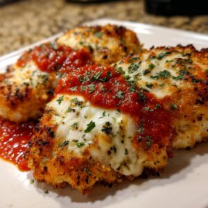 Three pieces of Chicken Parmesan on a plate, topped with melted cheese, tomato sauce, and fresh herbs.